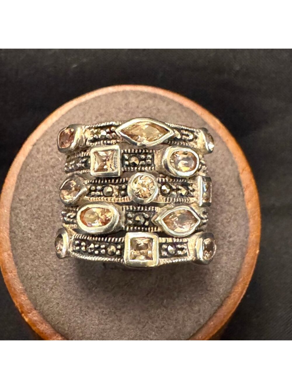 Sterling Silver 925 Cubic Zirconia & Marcasite Wide Band Ring Size 7.75